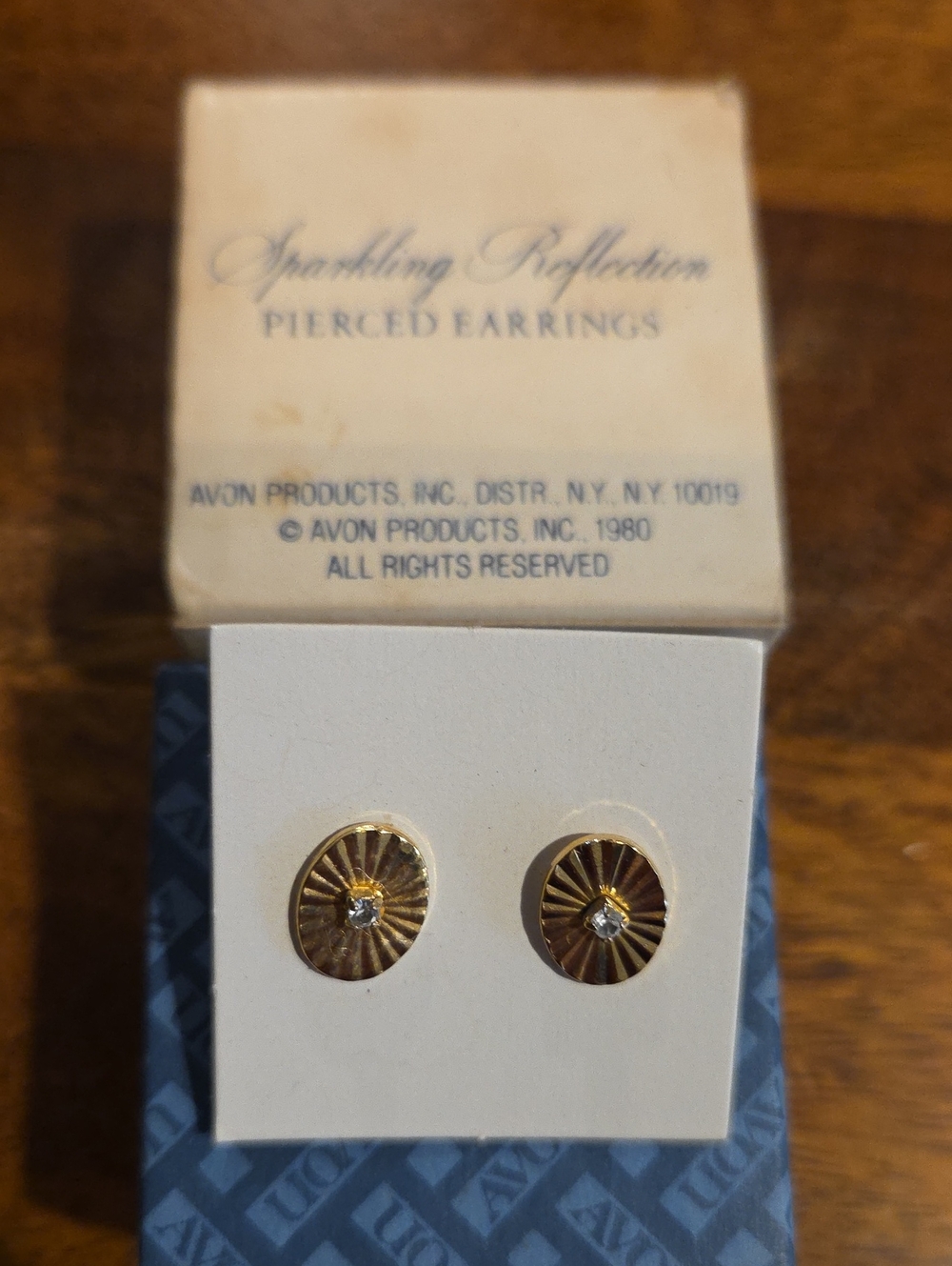 Avon 1980 Sparkling Reflection Gold-Tone Disc Stud Earrings with Crystal Centers